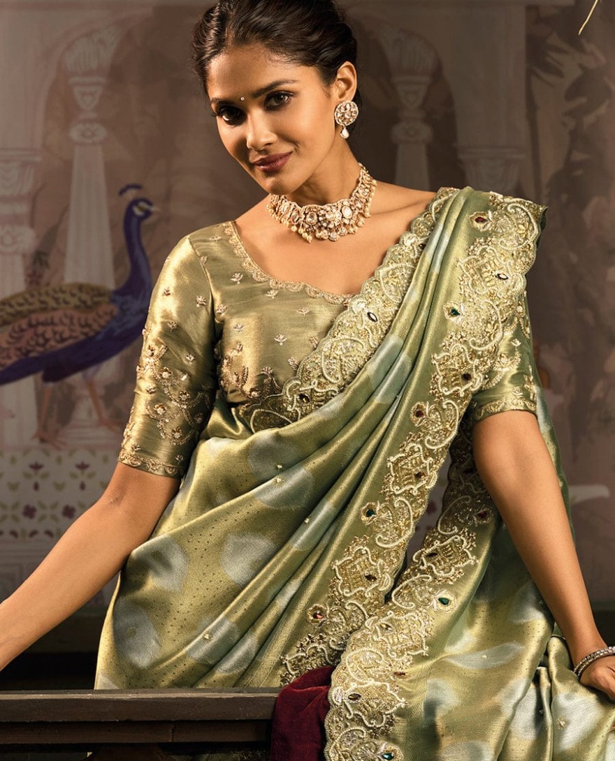 GREEN - Olive Green Designer Embroidered Silk Saree with Heavy Border